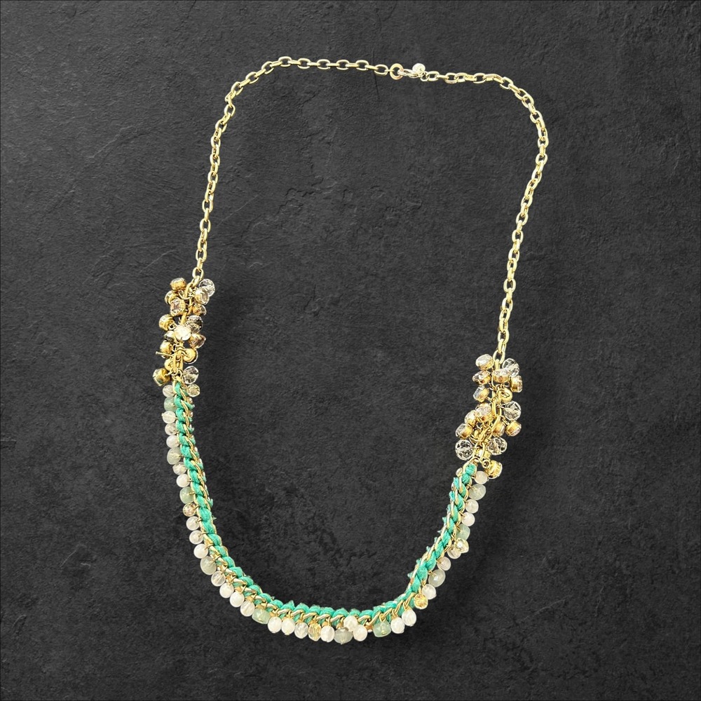 Loft Gold Tone Teal Woven Cord and Crystal Bead Statement Necklace